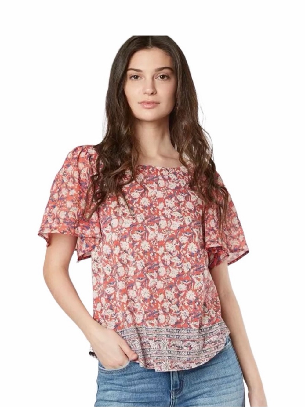 Lucky Brand Floral Blouse with Back Cutout and Flutter Sleeves size small